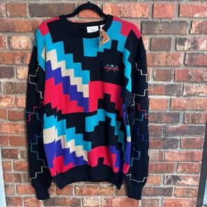 Antigua of Scottsdale mens geometric retro multicolor   Sweater blue/red L